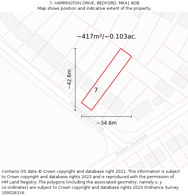 7, HARRINGTON DRIVE, BEDFORD, MK41 8DB: Plot and title map