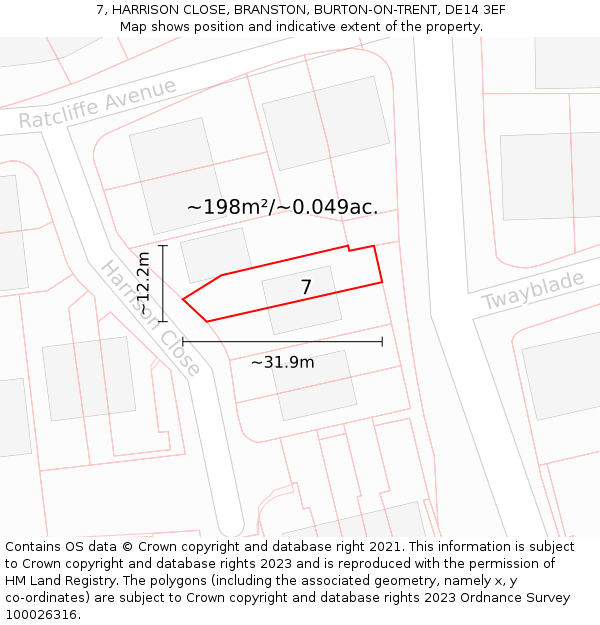 7, HARRISON CLOSE, BRANSTON, BURTON-ON-TRENT, DE14 3EF: Plot and title map