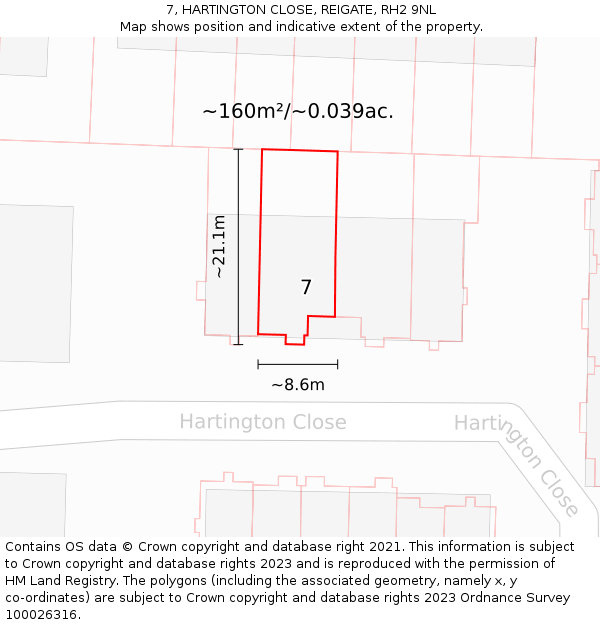 7, HARTINGTON CLOSE, REIGATE, RH2 9NL: Plot and title map