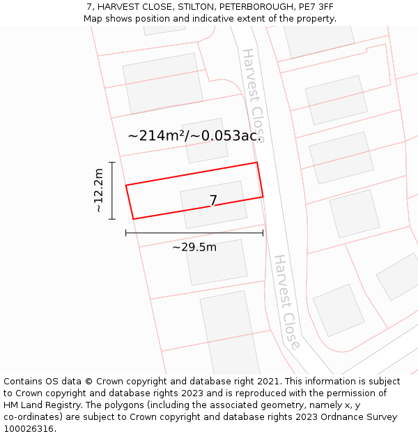 7, HARVEST CLOSE, STILTON, PETERBOROUGH, PE7 3FF: Plot and title map