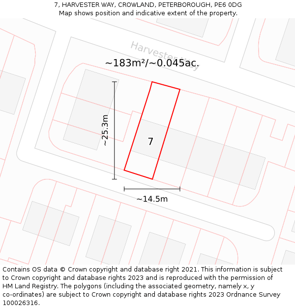 7, HARVESTER WAY, CROWLAND, PETERBOROUGH, PE6 0DG: Plot and title map