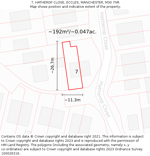 7, HATHEROP CLOSE, ECCLES, MANCHESTER, M30 7NR: Plot and title map