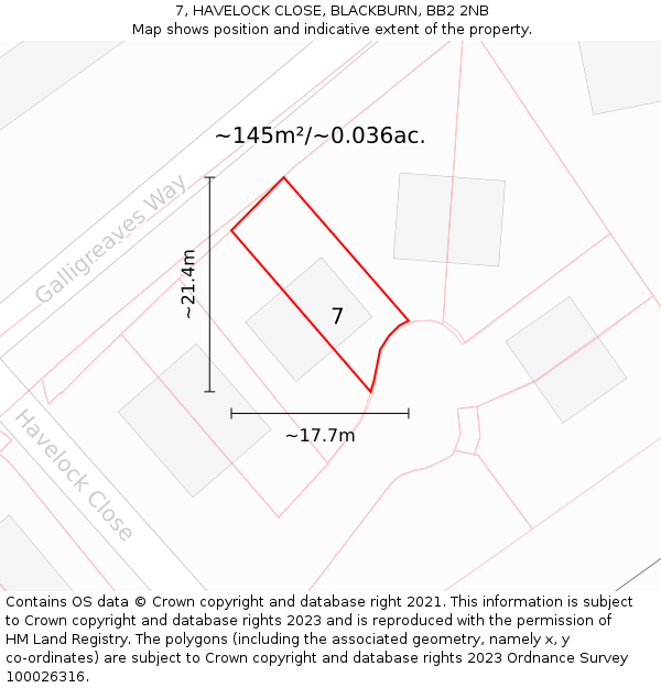 7, HAVELOCK CLOSE, BLACKBURN, BB2 2NB: Plot and title map