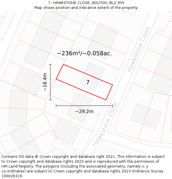 7, HAWKSTONE CLOSE, BOLTON, BL2 3NY: Plot and title map