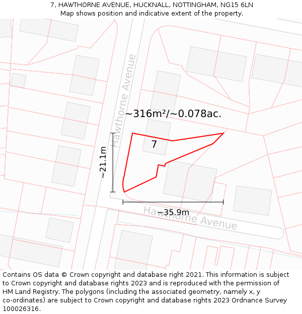 7, HAWTHORNE AVENUE, HUCKNALL, NOTTINGHAM, NG15 6LN: Plot and title map