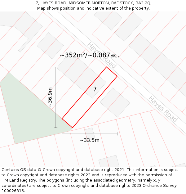 7, HAYES ROAD, MIDSOMER NORTON, RADSTOCK, BA3 2QJ: Plot and title map