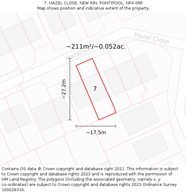 7, HAZEL CLOSE, NEW INN, PONTYPOOL, NP4 0RR: Plot and title map