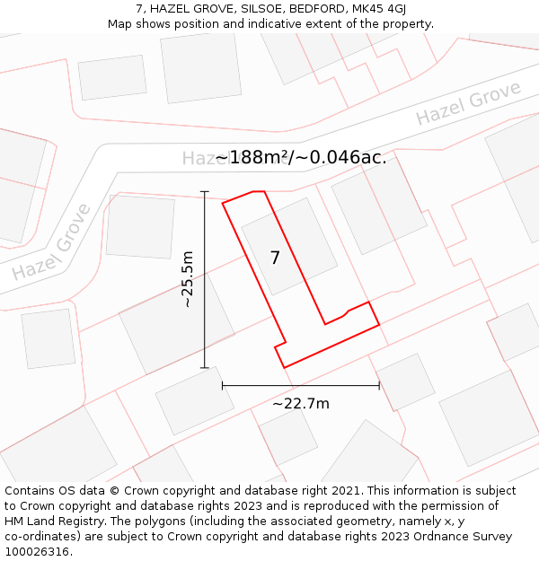 7, HAZEL GROVE, SILSOE, BEDFORD, MK45 4GJ: Plot and title map
