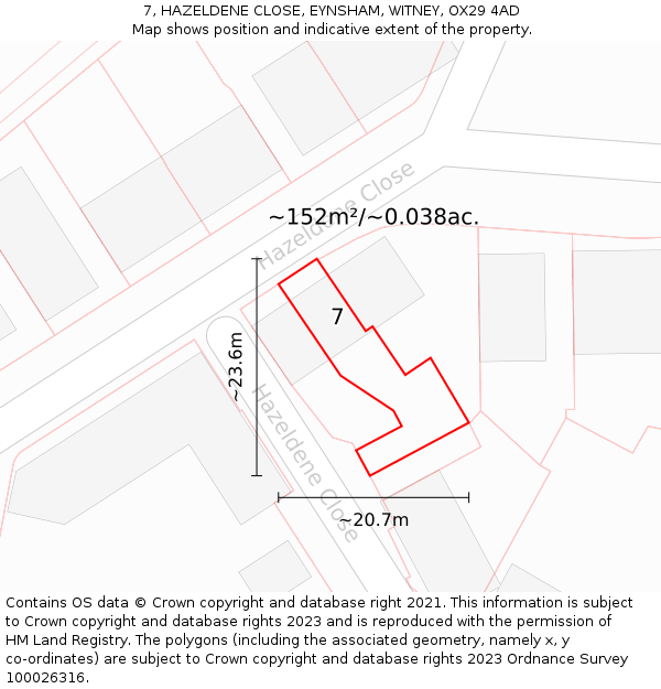 7, HAZELDENE CLOSE, EYNSHAM, WITNEY, OX29 4AD: Plot and title map