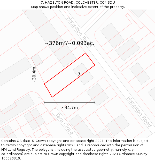 7, HAZELTON ROAD, COLCHESTER, CO4 3DU: Plot and title map