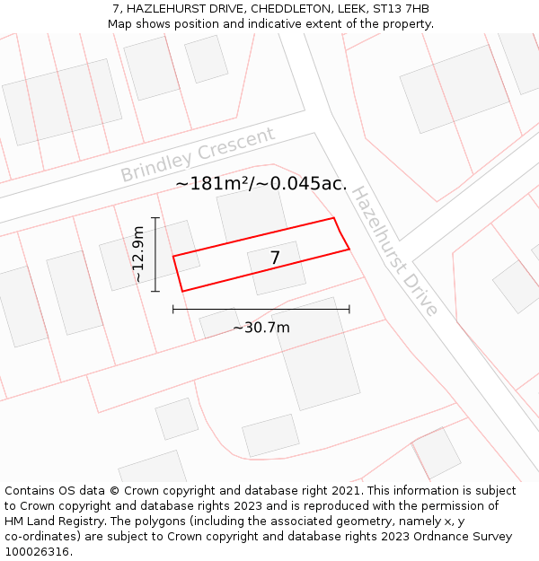 7, HAZLEHURST DRIVE, CHEDDLETON, LEEK, ST13 7HB: Plot and title map