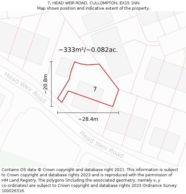7, HEAD WEIR ROAD, CULLOMPTON, EX15 1NN: Plot and title map