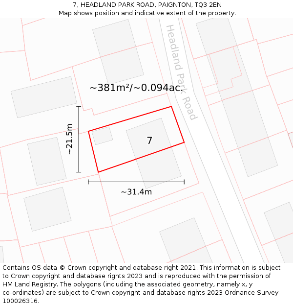7, HEADLAND PARK ROAD, PAIGNTON, TQ3 2EN: Plot and title map