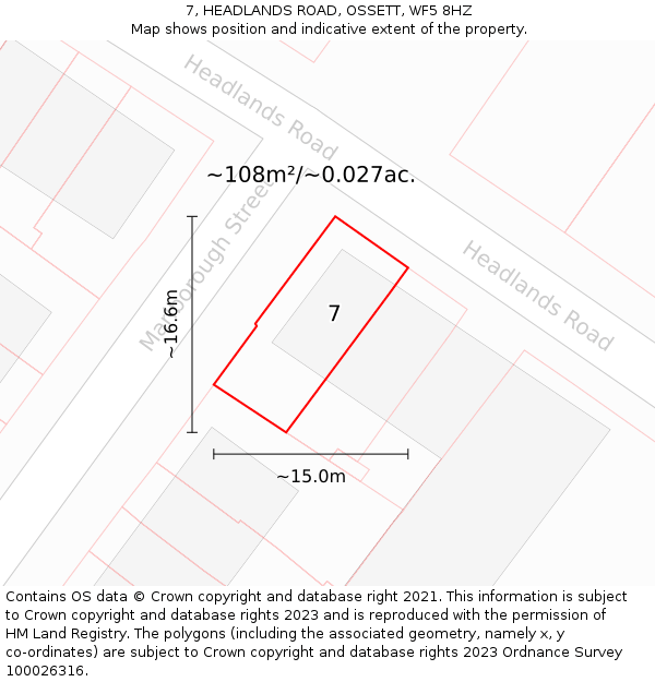 7, HEADLANDS ROAD, OSSETT, WF5 8HZ: Plot and title map