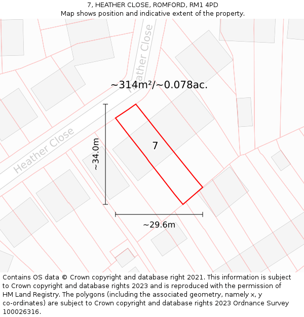 7, HEATHER CLOSE, ROMFORD, RM1 4PD: Plot and title map
