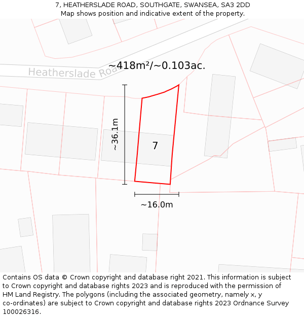7, HEATHERSLADE ROAD, SOUTHGATE, SWANSEA, SA3 2DD: Plot and title map