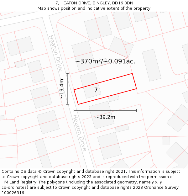 7, HEATON DRIVE, BINGLEY, BD16 3DN: Plot and title map