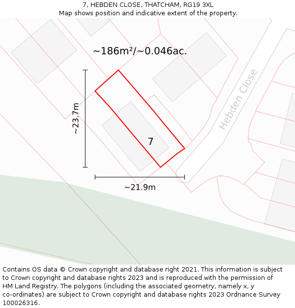 7, HEBDEN CLOSE, THATCHAM, RG19 3XL: Plot and title map