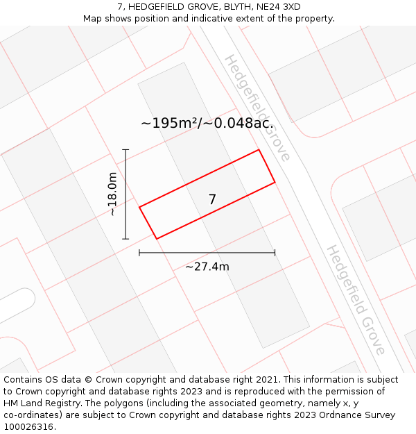 7, HEDGEFIELD GROVE, BLYTH, NE24 3XD: Plot and title map