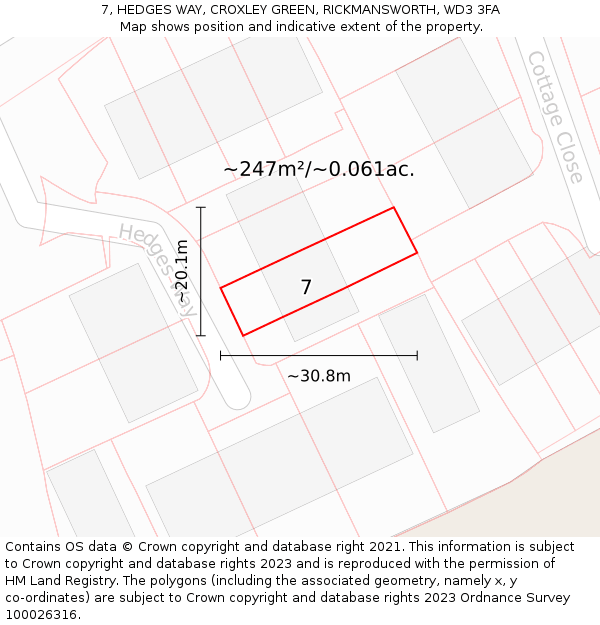7, HEDGES WAY, CROXLEY GREEN, RICKMANSWORTH, WD3 3FA: Plot and title map