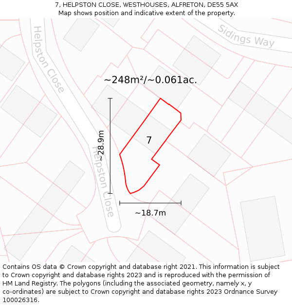 7, HELPSTON CLOSE, WESTHOUSES, ALFRETON, DE55 5AX: Plot and title map