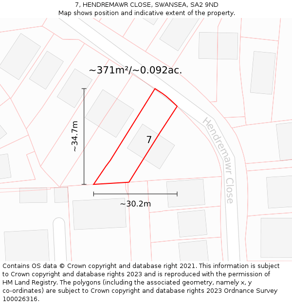 7, HENDREMAWR CLOSE, SWANSEA, SA2 9ND: Plot and title map