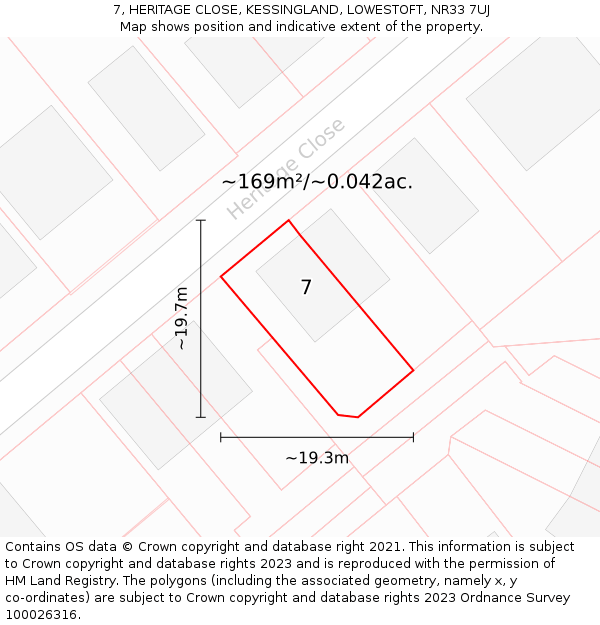 7, HERITAGE CLOSE, KESSINGLAND, LOWESTOFT, NR33 7UJ: Plot and title map