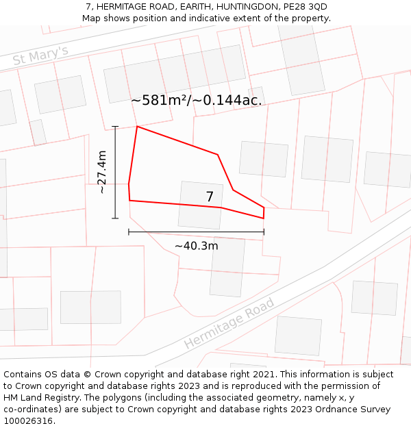 7, HERMITAGE ROAD, EARITH, HUNTINGDON, PE28 3QD: Plot and title map