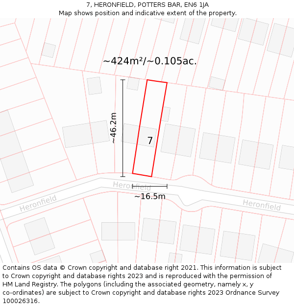 7, HERONFIELD, POTTERS BAR, EN6 1JA: Plot and title map