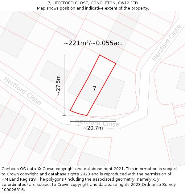 7, HERTFORD CLOSE, CONGLETON, CW12 1TB: Plot and title map