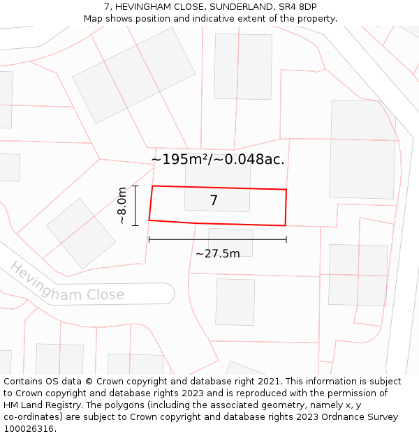7, HEVINGHAM CLOSE, SUNDERLAND, SR4 8DP: Plot and title map
