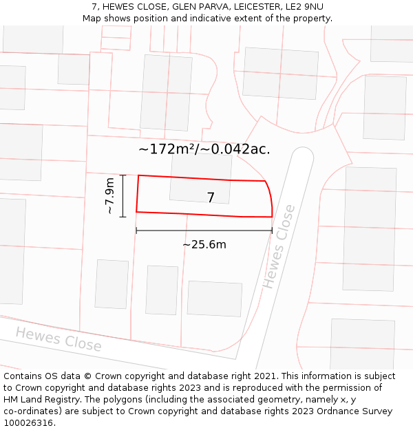 7, HEWES CLOSE, GLEN PARVA, LEICESTER, LE2 9NU: Plot and title map