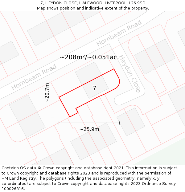 7, HEYDON CLOSE, HALEWOOD, LIVERPOOL, L26 9SD: Plot and title map