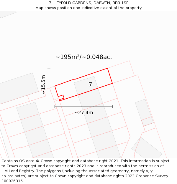 7, HEYFOLD GARDENS, DARWEN, BB3 1SE: Plot and title map