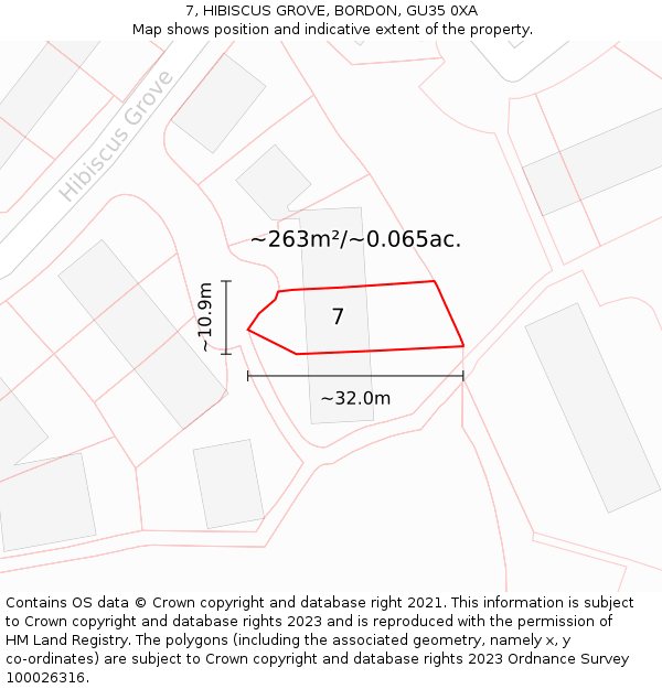 7, HIBISCUS GROVE, BORDON, GU35 0XA: Plot and title map