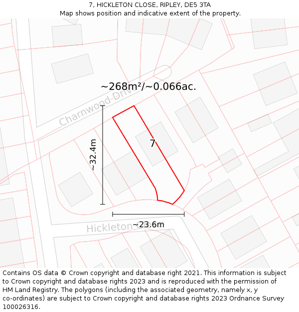 7, HICKLETON CLOSE, RIPLEY, DE5 3TA: Plot and title map