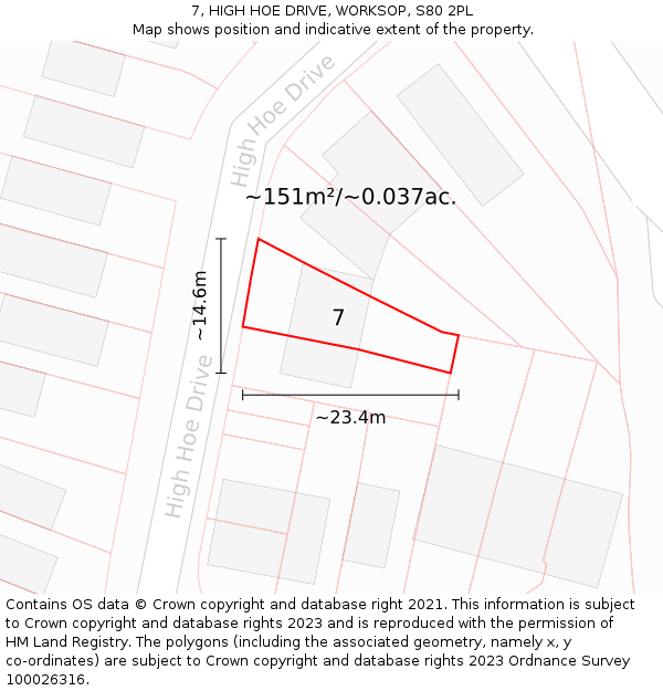 7, HIGH HOE DRIVE, WORKSOP, S80 2PL: Plot and title map