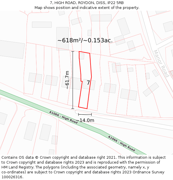 7, HIGH ROAD, ROYDON, DISS, IP22 5RB: Plot and title map
