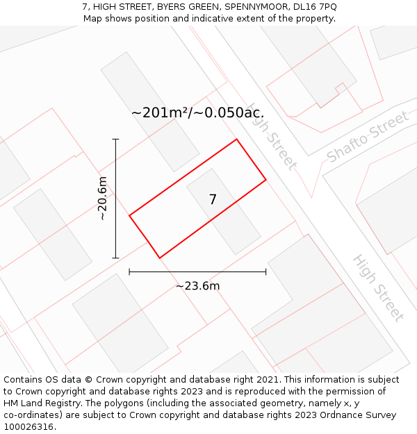 7, HIGH STREET, BYERS GREEN, SPENNYMOOR, DL16 7PQ: Plot and title map