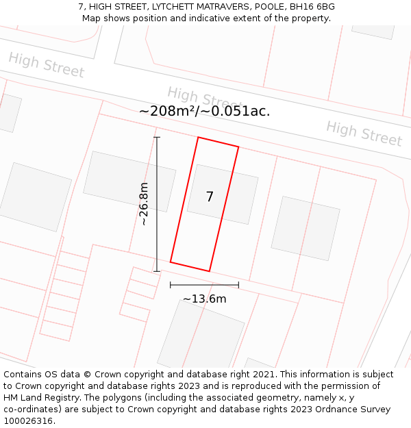 7, HIGH STREET, LYTCHETT MATRAVERS, POOLE, BH16 6BG: Plot and title map