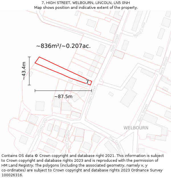 7, HIGH STREET, WELBOURN, LINCOLN, LN5 0NH: Plot and title map