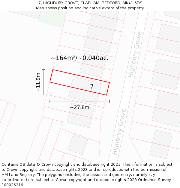 7, HIGHBURY GROVE, CLAPHAM, BEDFORD, MK41 6DS: Plot and title map