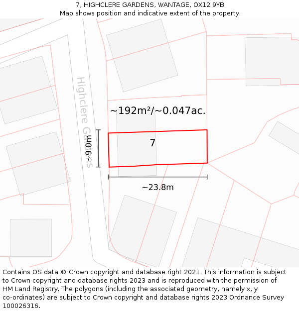 7, HIGHCLERE GARDENS, WANTAGE, OX12 9YB: Plot and title map