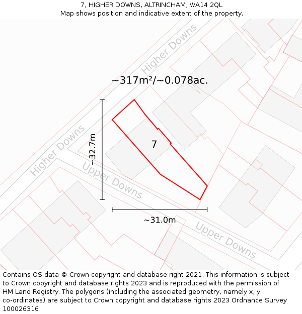 7, HIGHER DOWNS, ALTRINCHAM, WA14 2QL: Plot and title map