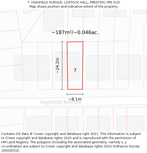 7, HIGHFIELD AVENUE, LOSTOCK HALL, PRESTON, PR5 5UX: Plot and title map