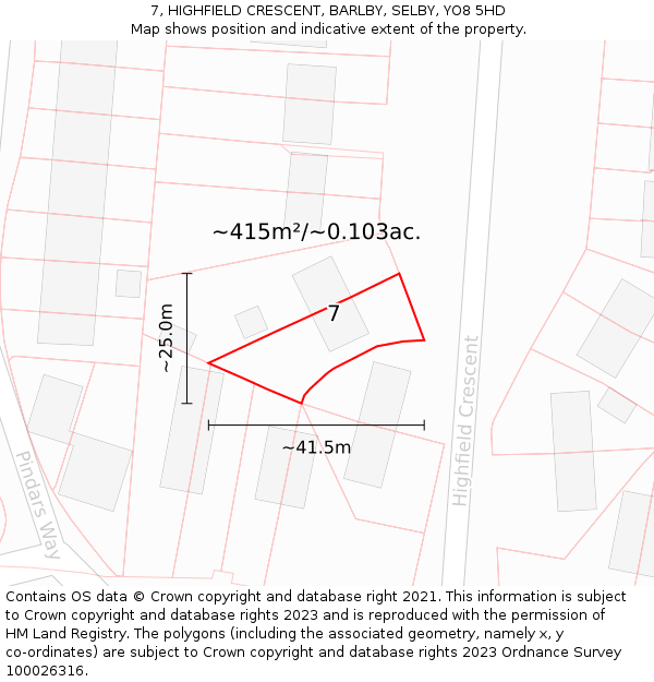 7, HIGHFIELD CRESCENT, BARLBY, SELBY, YO8 5HD: Plot and title map