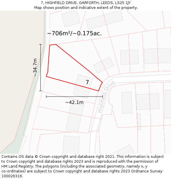 7, HIGHFIELD DRIVE, GARFORTH, LEEDS, LS25 1JY: Plot and title map