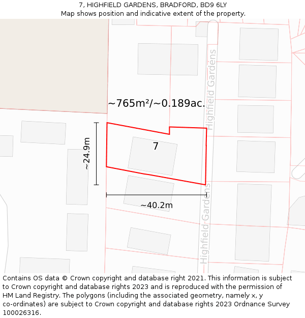 7, HIGHFIELD GARDENS, BRADFORD, BD9 6LY: Plot and title map