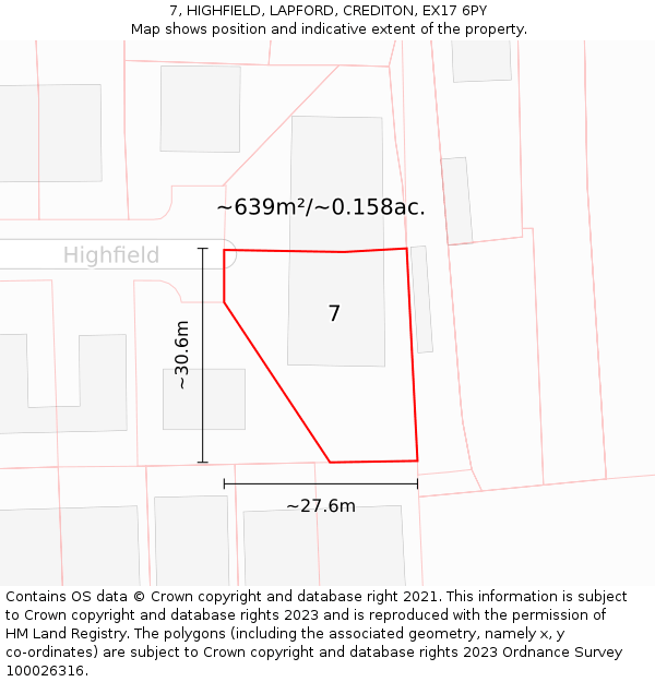 7, HIGHFIELD, LAPFORD, CREDITON, EX17 6PY: Plot and title map