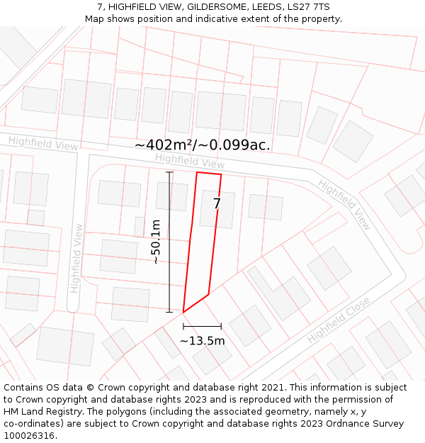 7, HIGHFIELD VIEW, GILDERSOME, LEEDS, LS27 7TS: Plot and title map